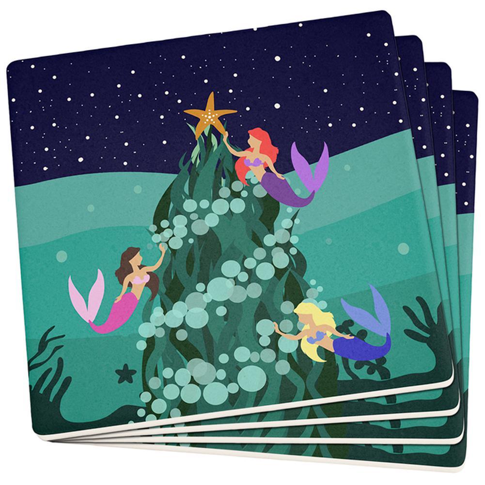 Mermaid Christmas Tree Set of 4 Square Sandstone Coasters