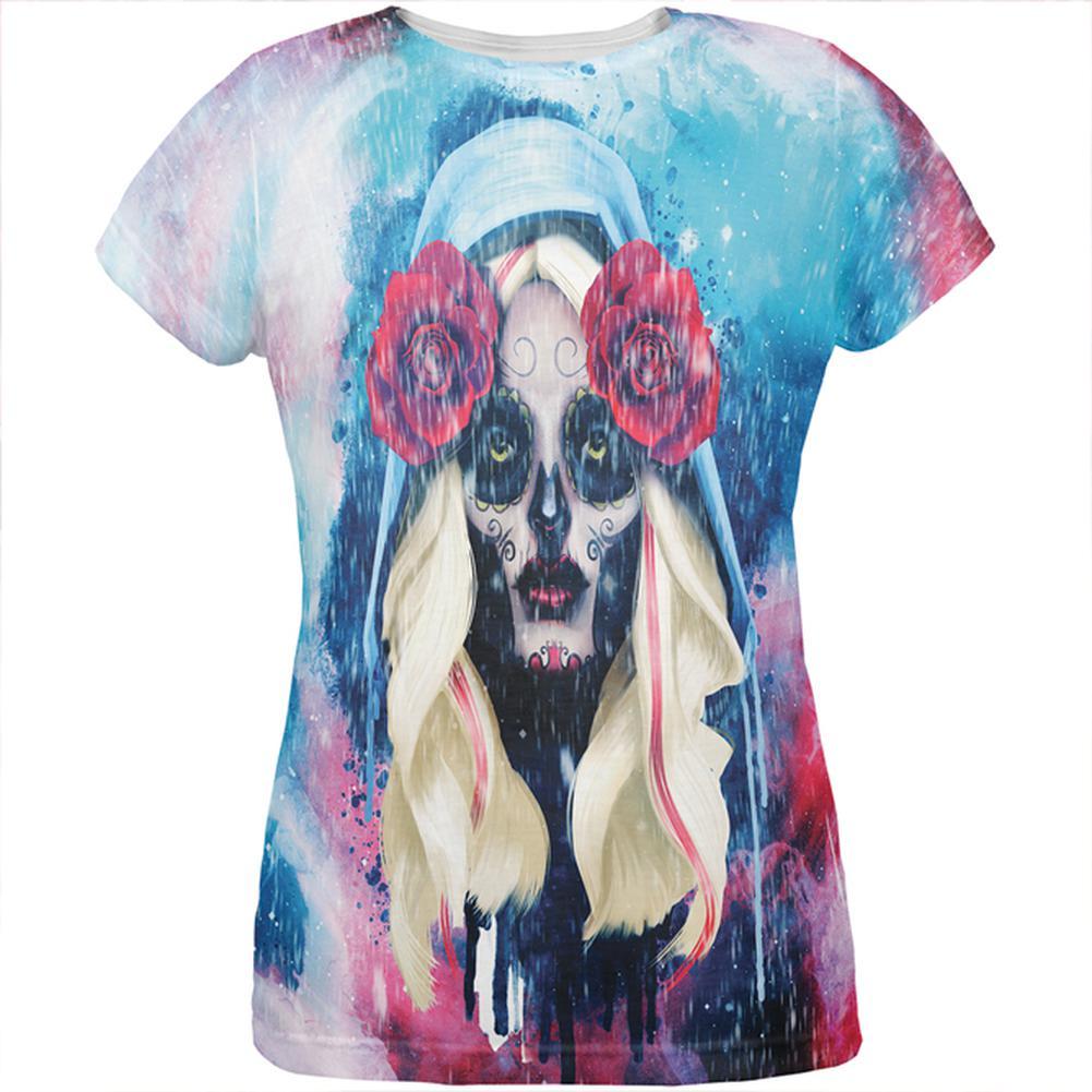 Halloween Day of the Dead Sugar Skull Girl Rain All Over Womens T Shirt