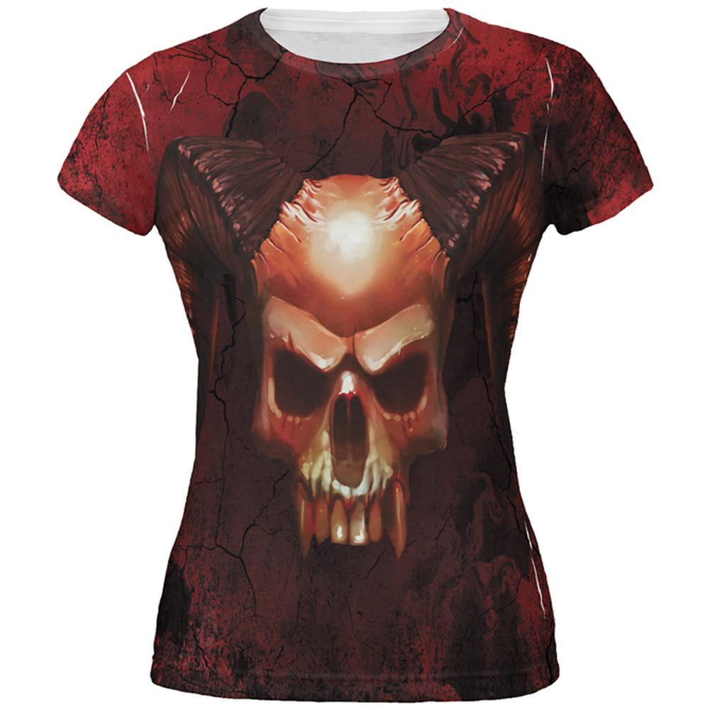 Halloween Horned Demon Skull From Hell All Over Juniors T Shirt