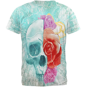 Halloween Distressed Skull and Flowers All Over Mens T Shirt
