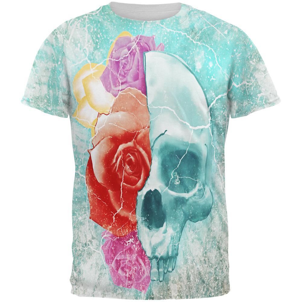 Halloween Distressed Skull and Flowers All Over Mens T Shirt
