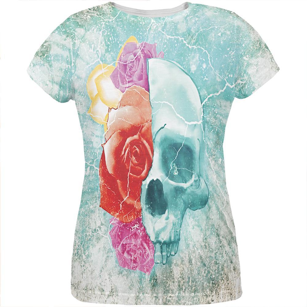 Halloween Distressed Skull and Flowers All Over Womens T Shirt
