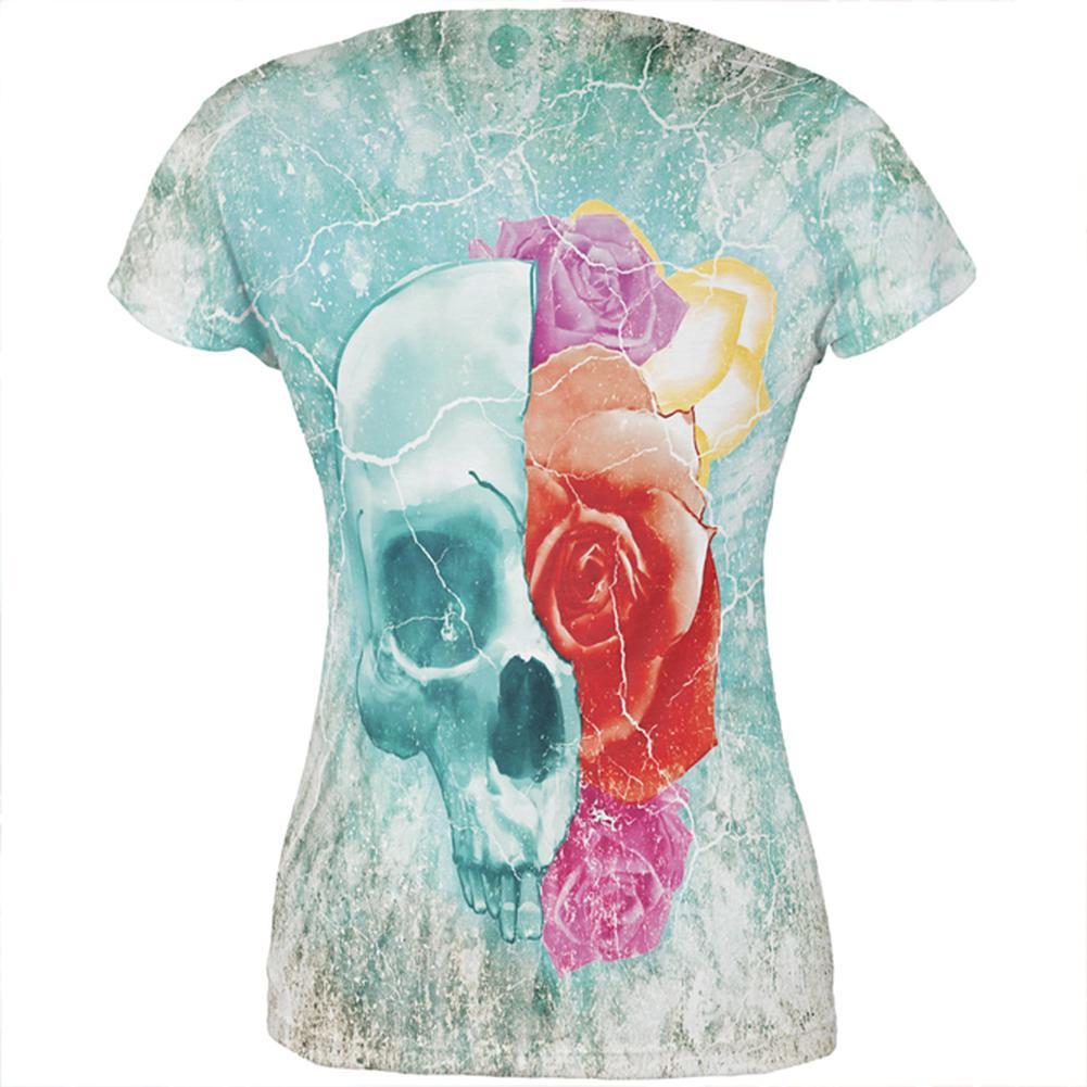 Halloween Distressed Skull and Flowers All Over Juniors T Shirt