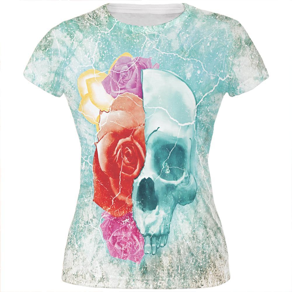 Halloween Distressed Skull and Flowers All Over Juniors T Shirt