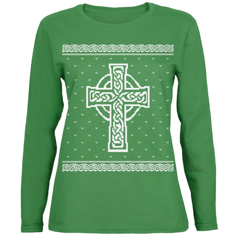 Celtic Cross Irish Ugly Christmas Sweater Womens Long Sleeve T Shirt