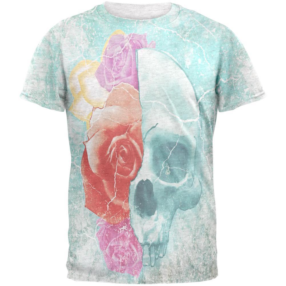 Halloween Distressed Skull and Flowers Mens T Shirt