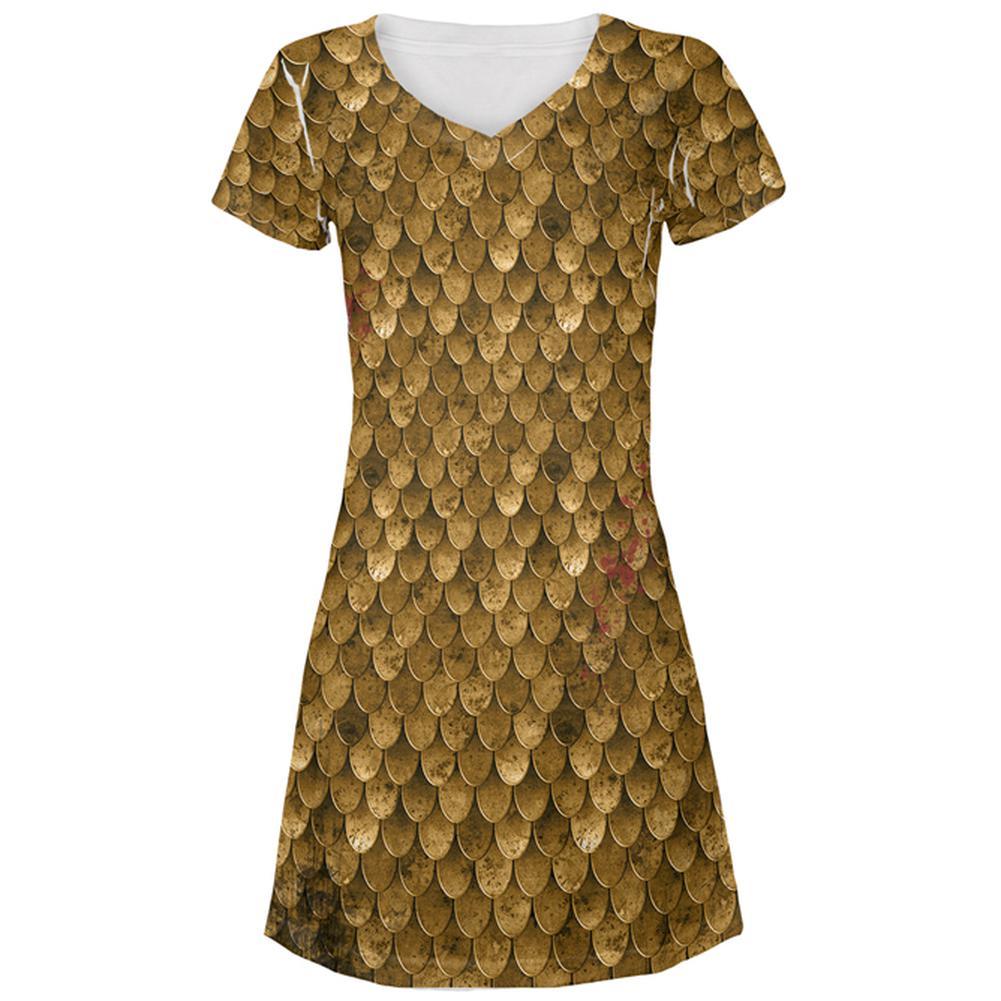 Halloween Battle Damage Bronze Scale Armor Costume All Over Juniors Beach Cover-Up Dress