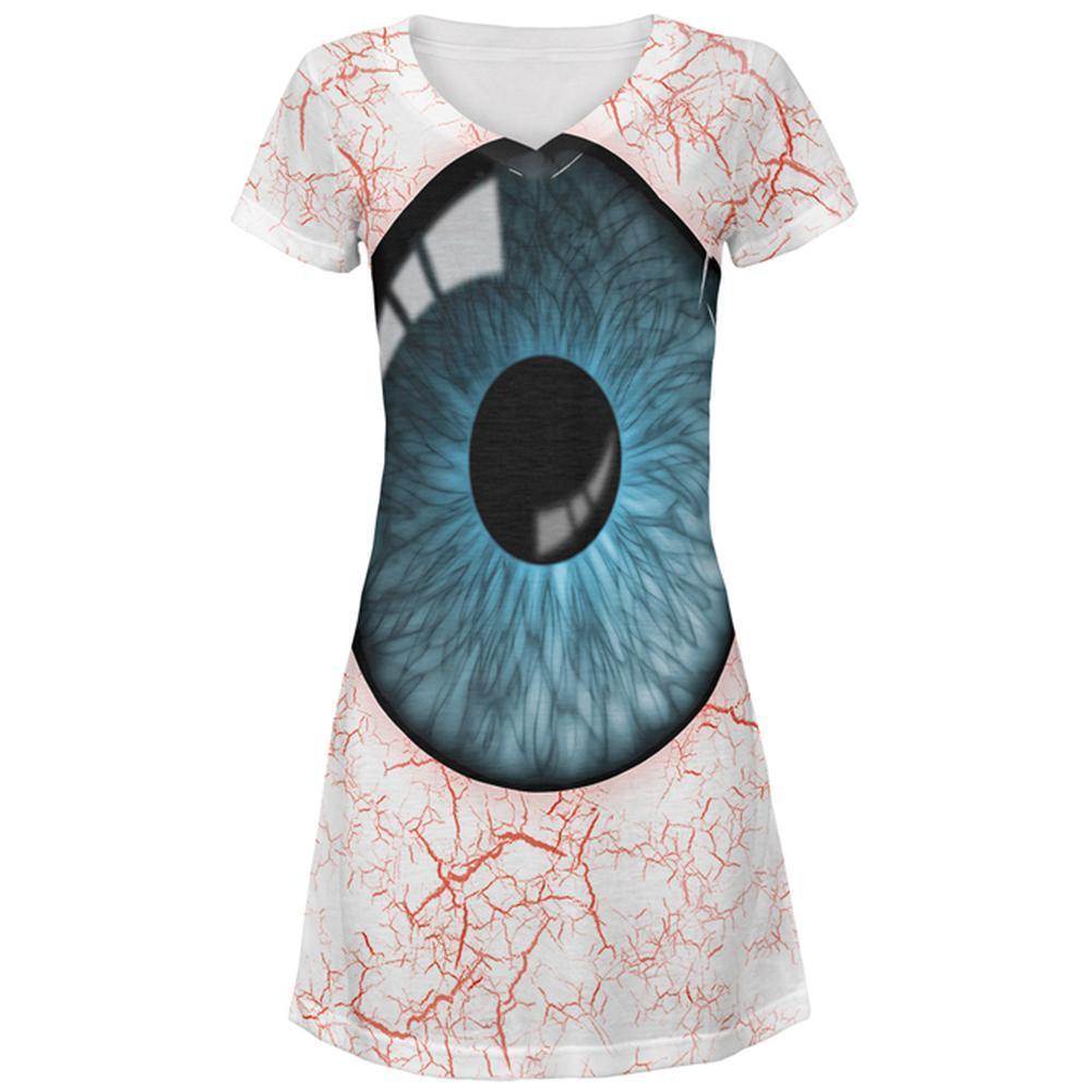 Halloween Blue Creepy Eyeball Costume All Over Juniors Beach Cover-Up Dress