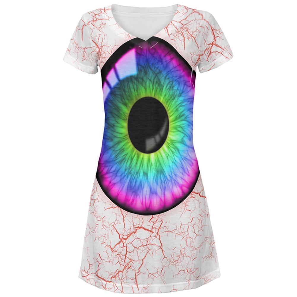 Halloween Rainbow Creepy Eyeball Costume All Over Juniors Beach Cover-Up Dress