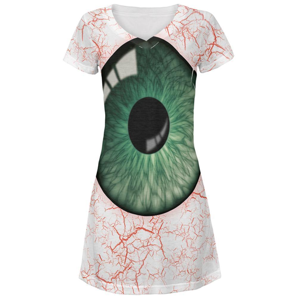 Halloween Green Creepy Eyeball Costume All Over Juniors Beach Cover-Up Dress