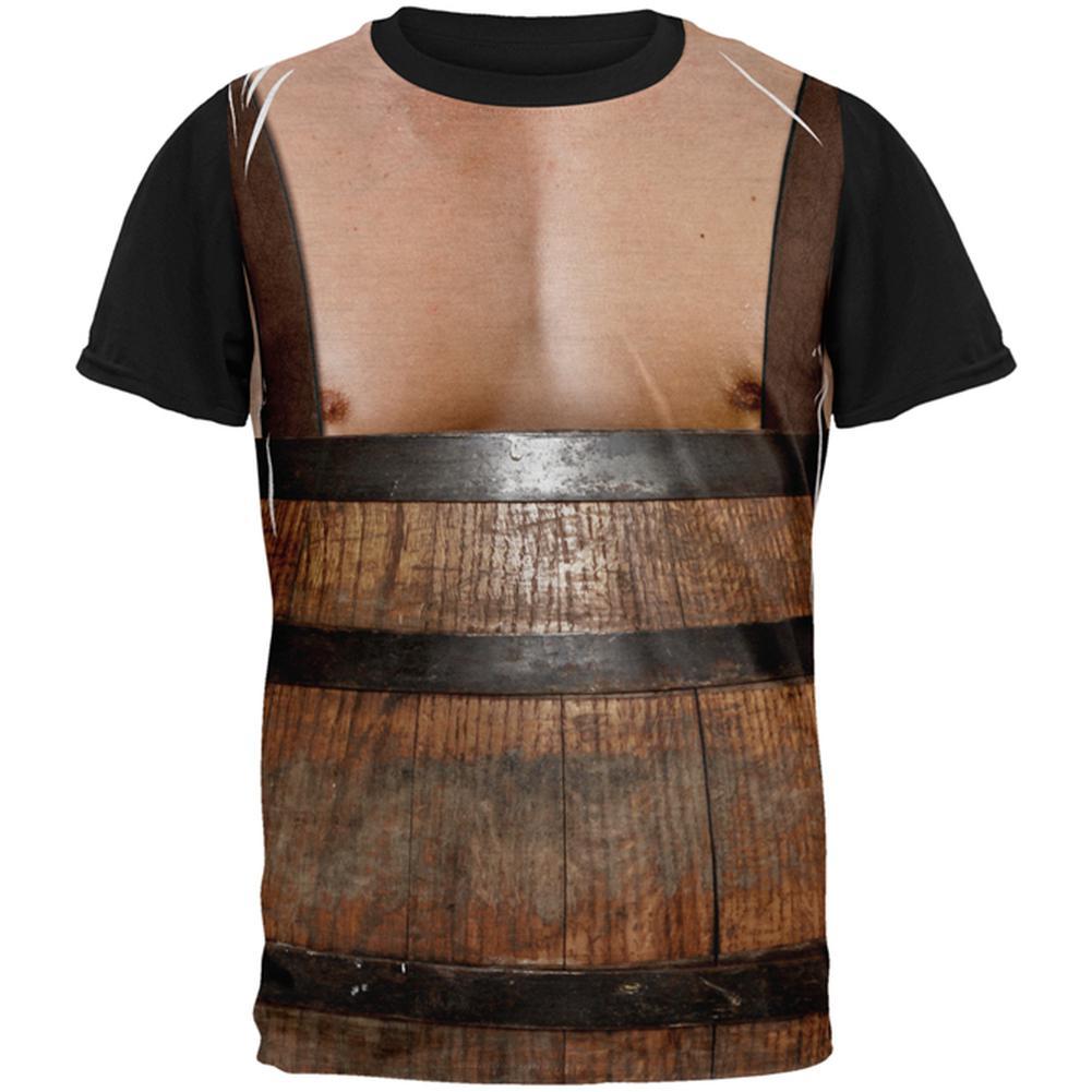 Halloween Man in Barrel Suspenders Costume All Over Mens Black Back T Shirt