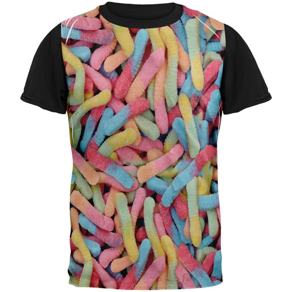 Halloween Sour Gummy Worms All Over Mens Black Back T Shirt