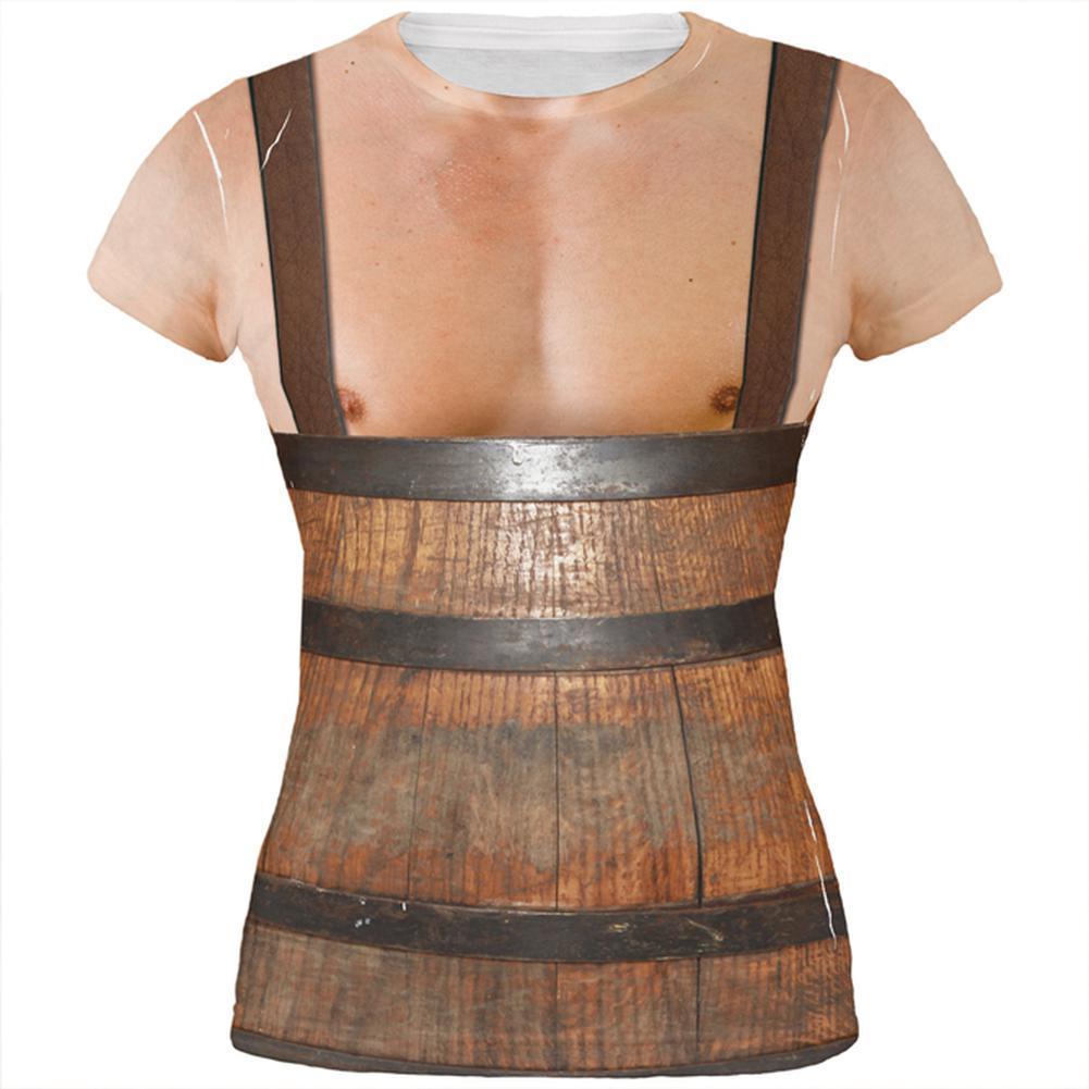 Halloween Man in Barrel Suspenders Costume All Over Juniors T Shirt