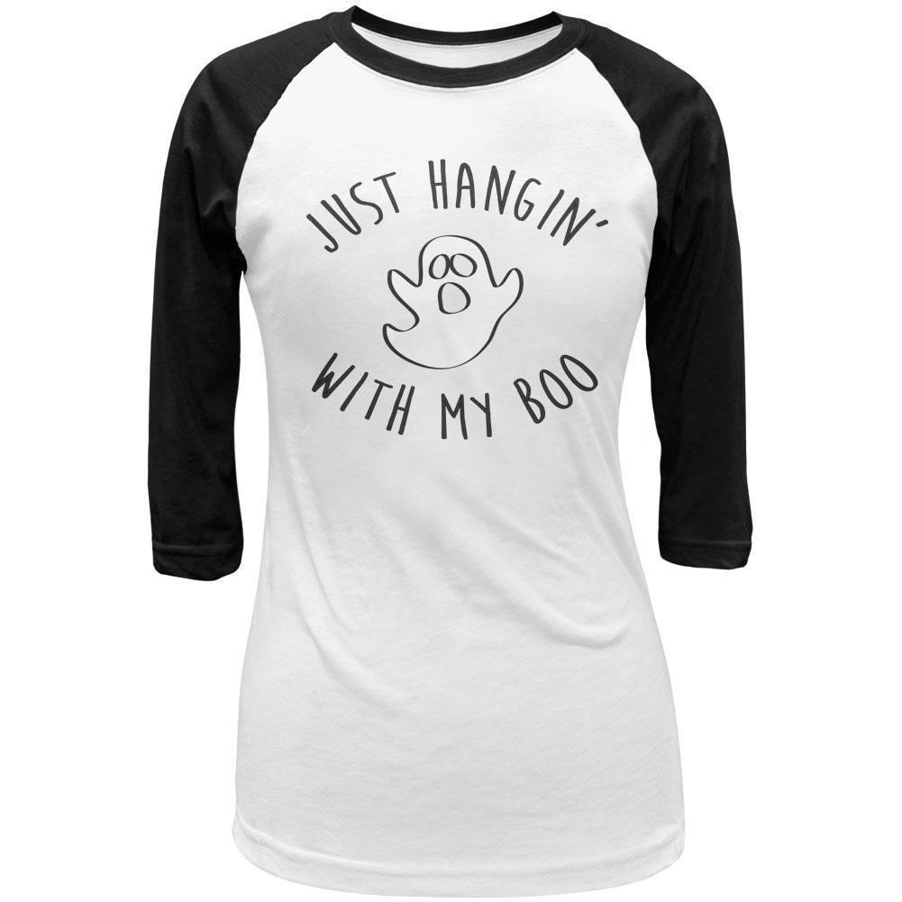 Halloween Just Hangin With My Boo Black Text Juniors 3/4 Sleeve Raglan T Shirt
