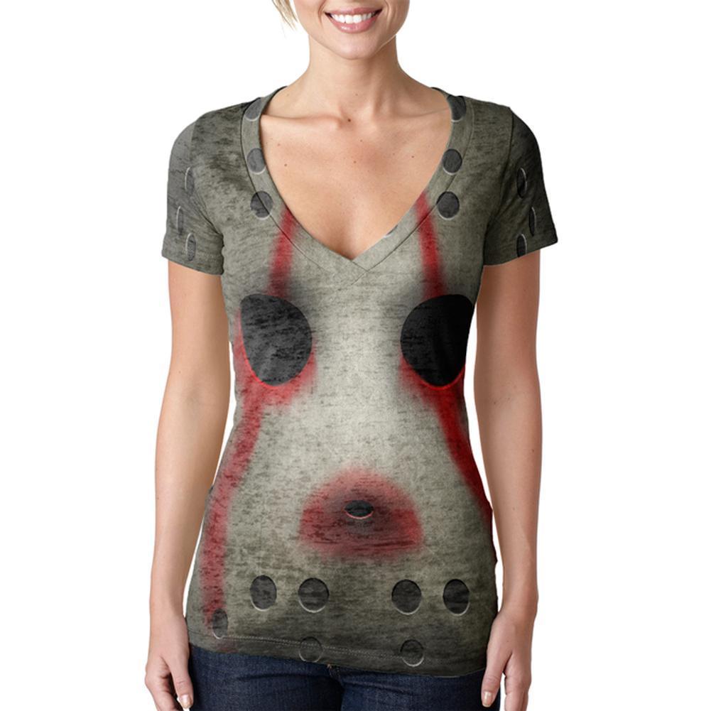 Halloween Horror Movie Hockey Mask Costume Juniors Burnout V-Neck T-Shirt