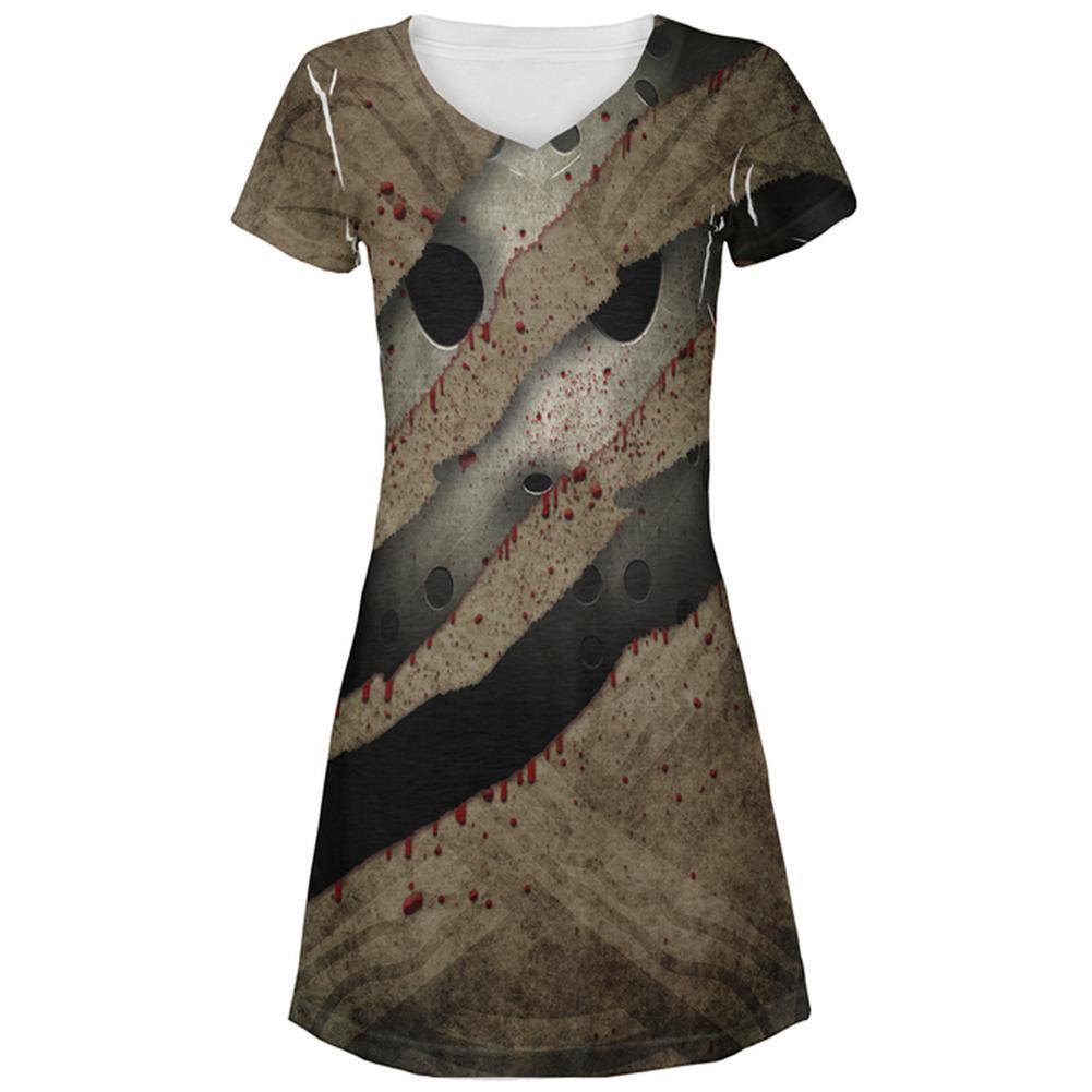 Halloween Horror Movie Mask Slasher Attack All Over Juniors Beach Cover-Up Dress