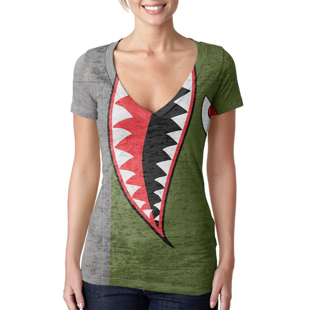 Halloween WWII Flying Tiger Fighter Shark Nose Art Juniors Burnout V-Neck T-Shirt