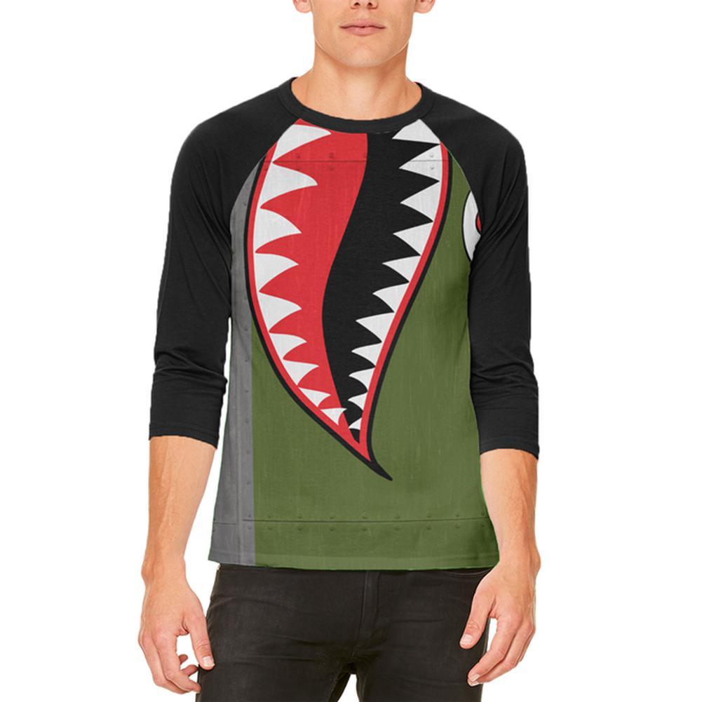 Halloween WWII Flying Tiger Fighter Shark Nose Art Mens Raglan T Shirt
