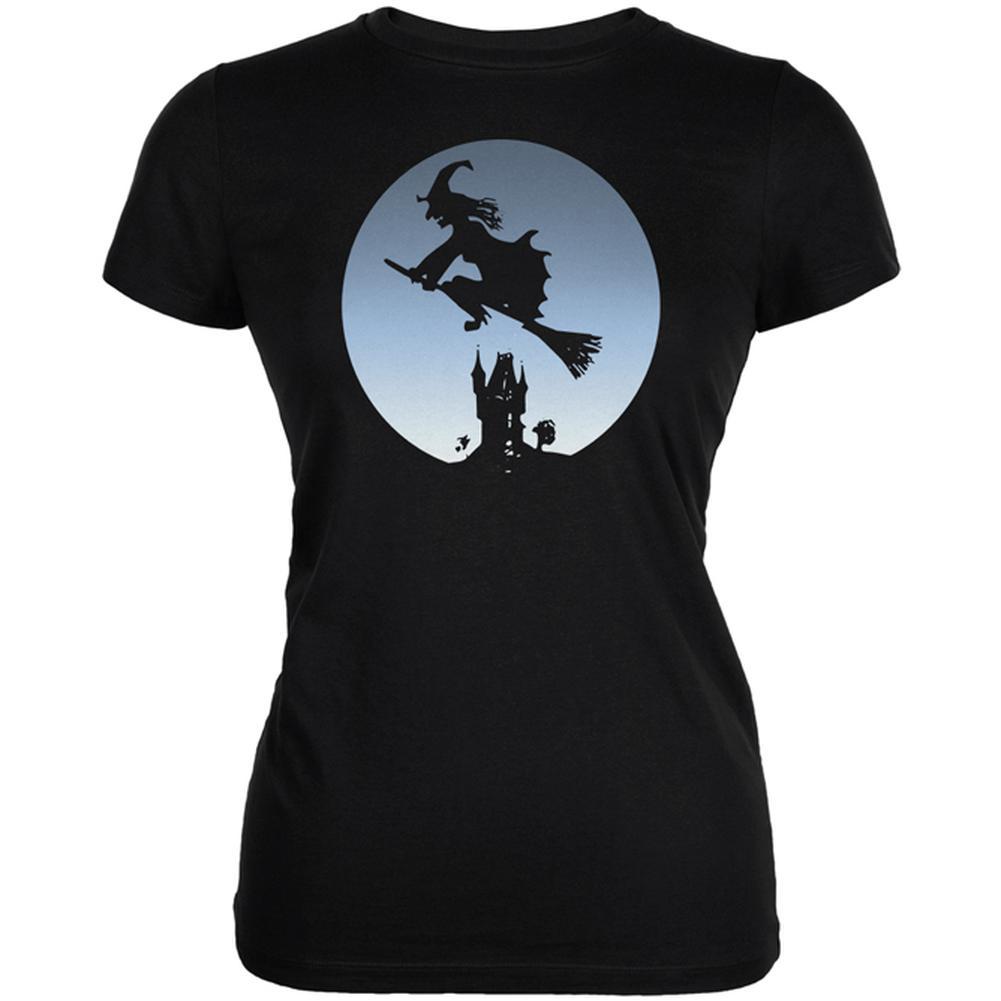 Halloween Witch Riding Broomstick Full Moon Juniors Soft T Shirt