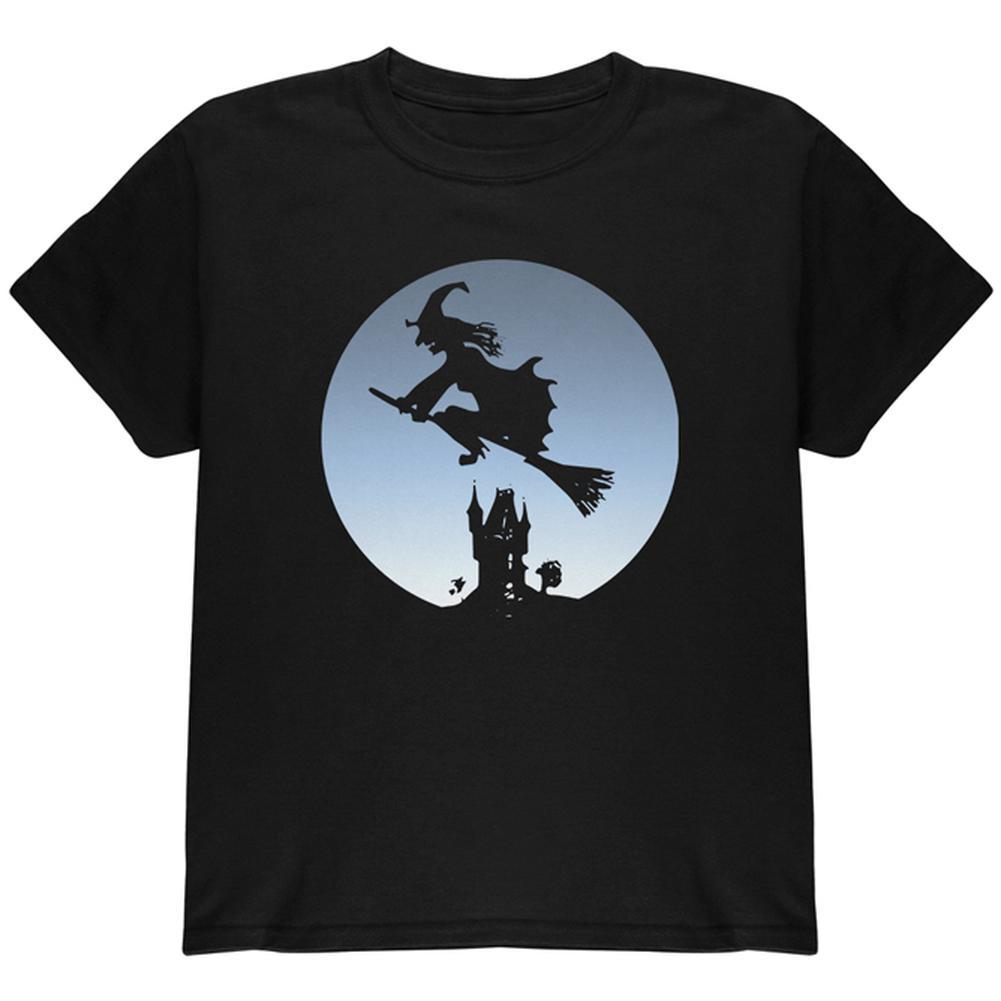 Halloween Witch Riding Broomstick Full Moon Youth T Shirt