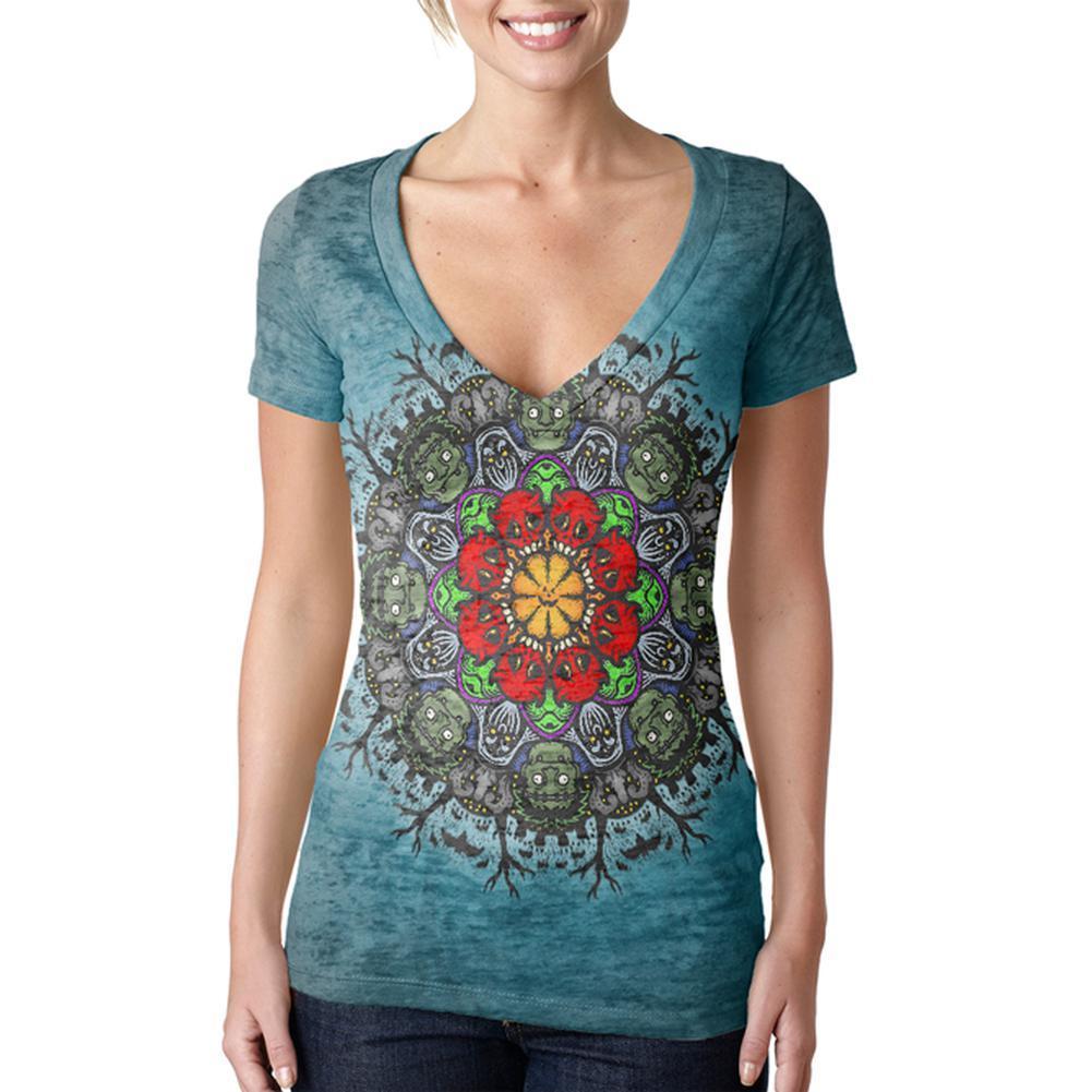 Halloween Classic Movie Monster Mandala Juniors Burnout V-Neck T-Shirt