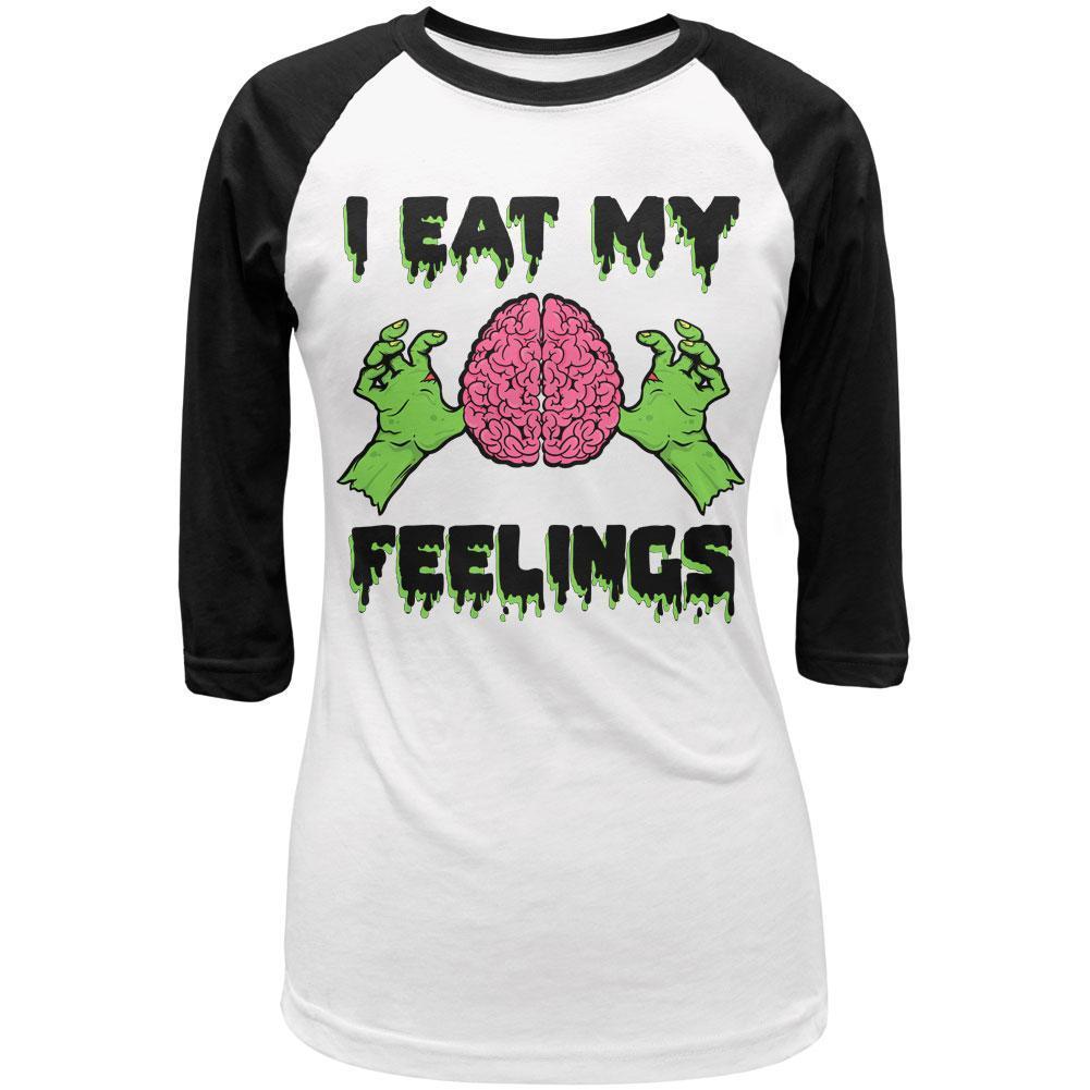 Halloween I Eat My Feelings Zombie Brain Juniors 3/4 Sleeve Raglan T Shirt