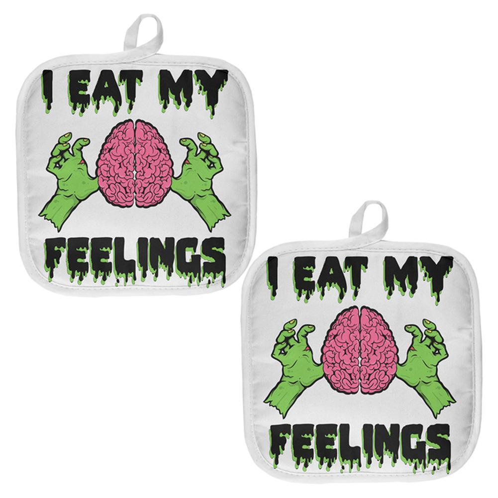 Halloween I Eat My Feelings Zombie Brain All Over Pot Holder (Set of 2)