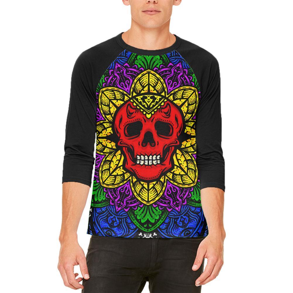 Halloween Demon Skull Mandala Mens Raglan T Shirt