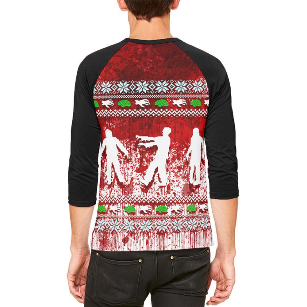 Ugly Christmas Sweater Bloody Zombie Attack Survivor Mens Raglan T Shirt