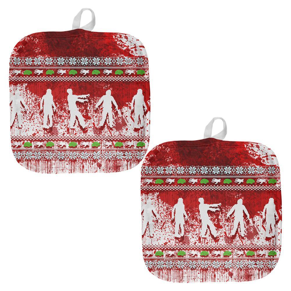 Ugly Christmas Sweater Bloody Zombie Attack Survivor All Over Pot Holder (Set of 2)