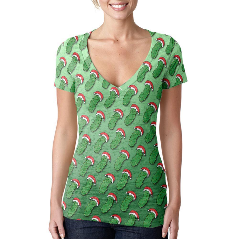 Christmas German Pickle Pattern Juniors Burnout V-Neck T-Shirt