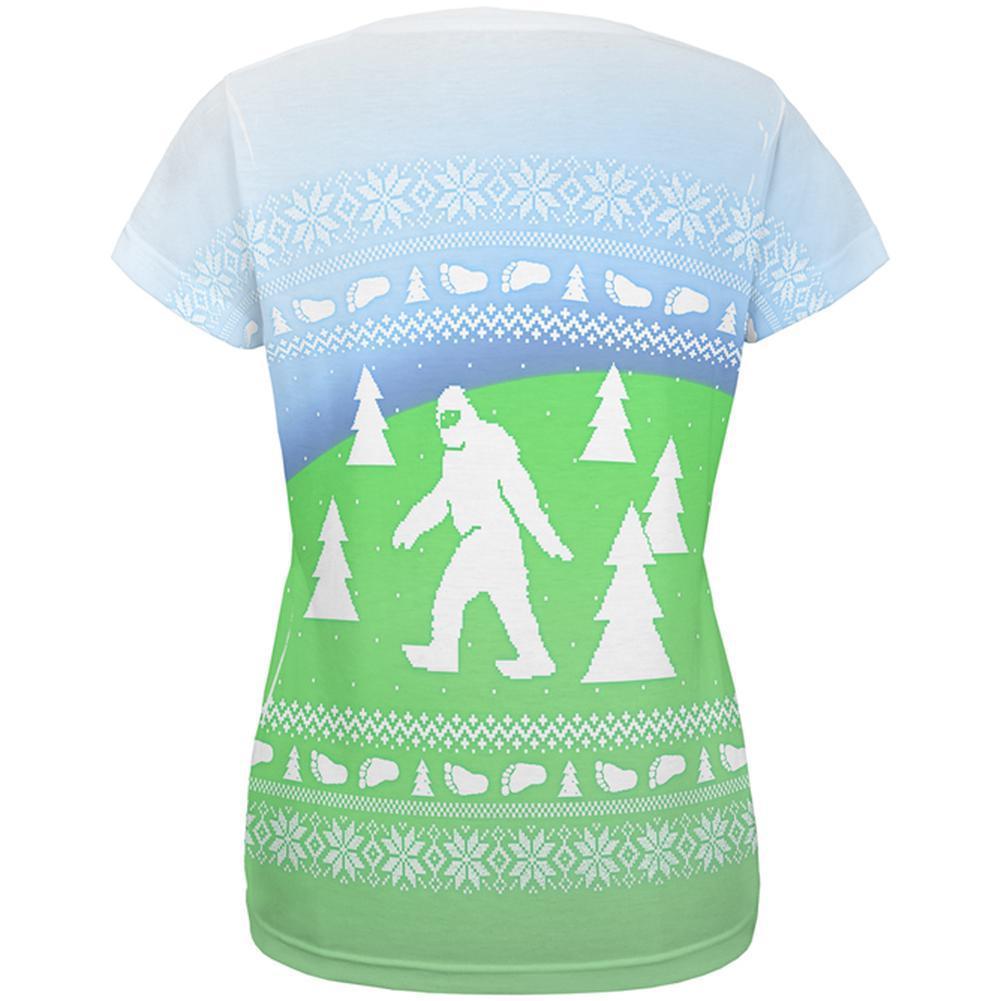 Ugly Christmas Sweater Bigfoot Sasquatch Yeti All Over Womens T Shirt