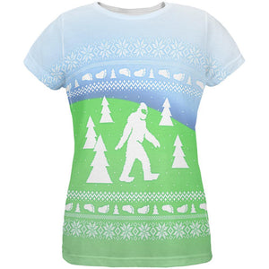 Ugly Christmas Sweater Bigfoot Sasquatch Yeti All Over Womens T Shirt
