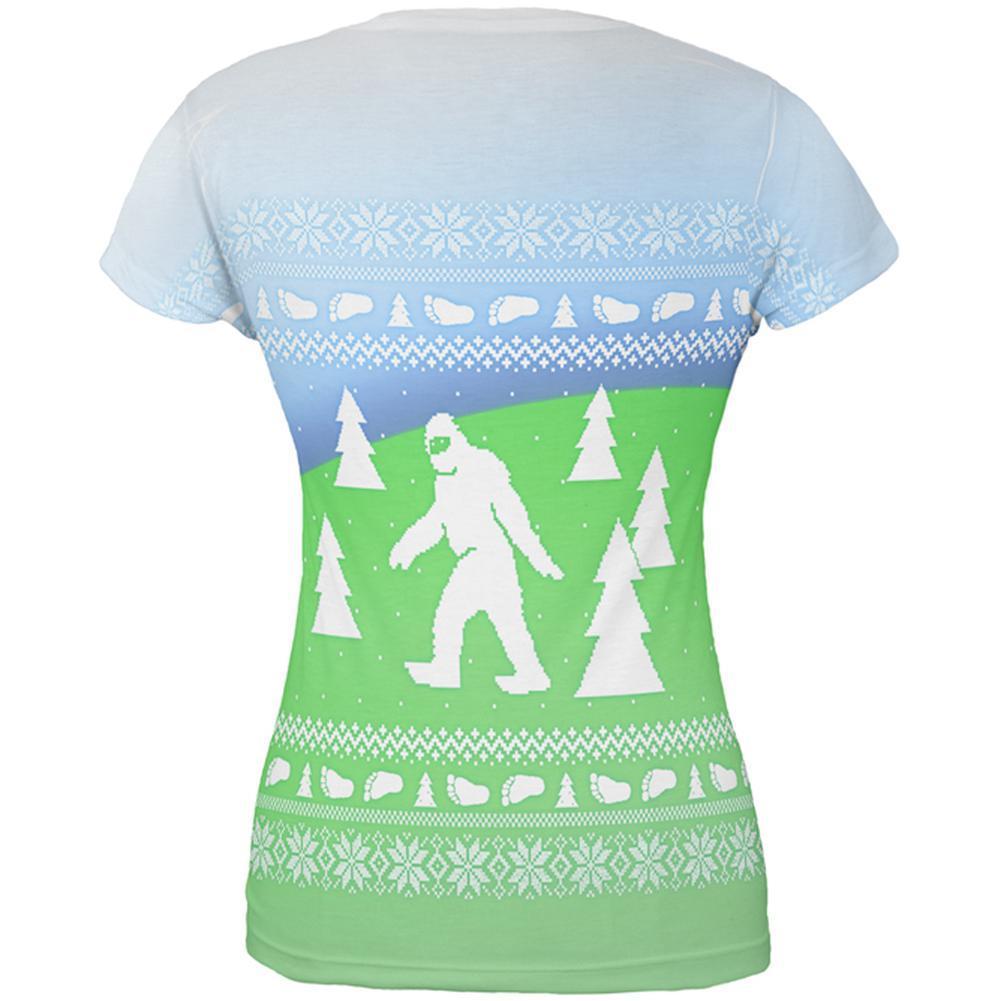 Ugly Christmas Sweater Bigfoot Sasquatch Yeti All Over Juniors T Shirt