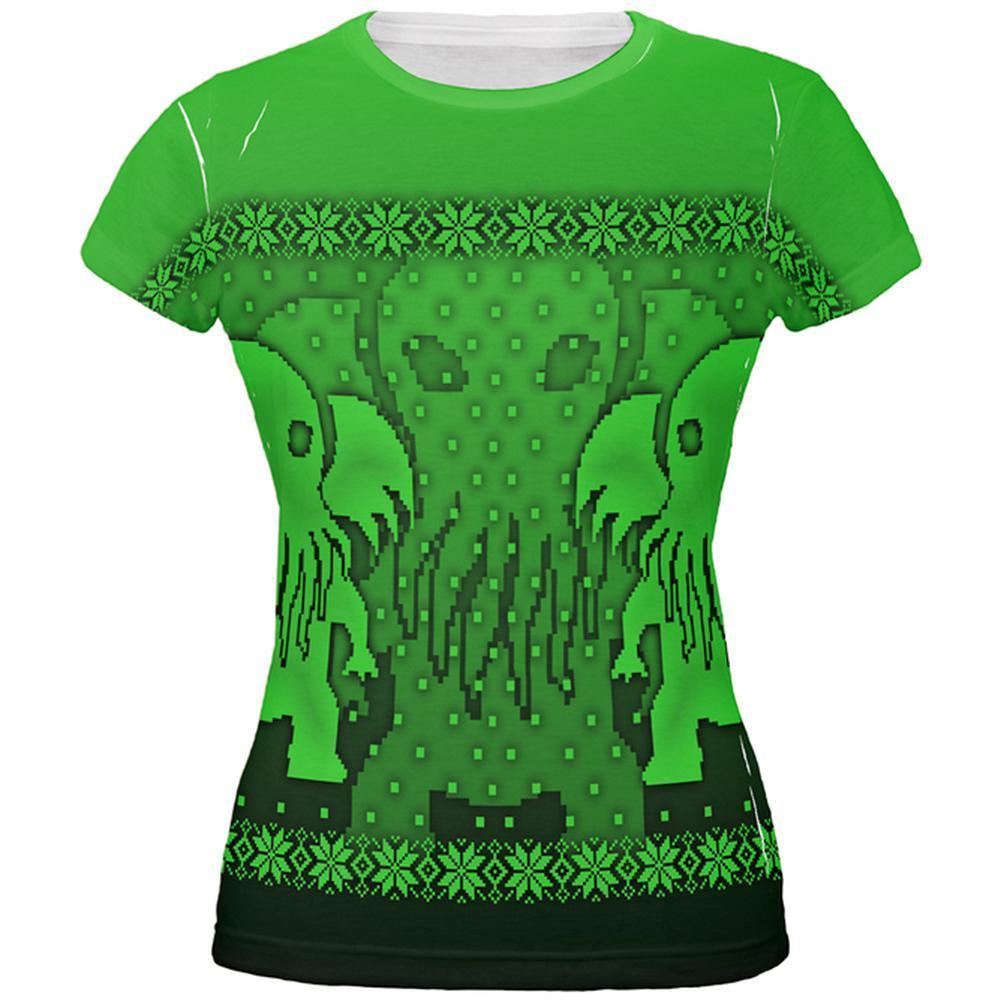 Ugly Christmas Sweater Big Cthulhu Greater Gods All Over Juniors T Shirt