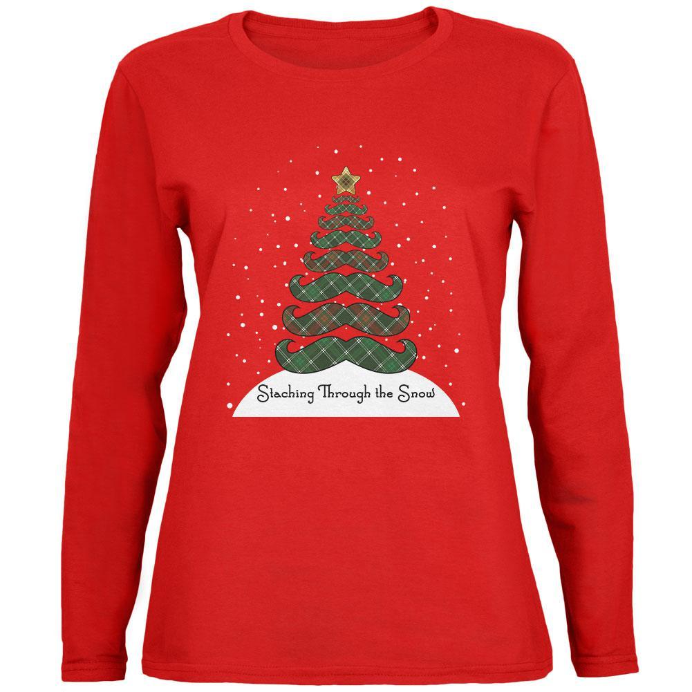 Christmas Staching Dashing Through the Snow Mustache Pun Womens Long Sleeve T Shirt