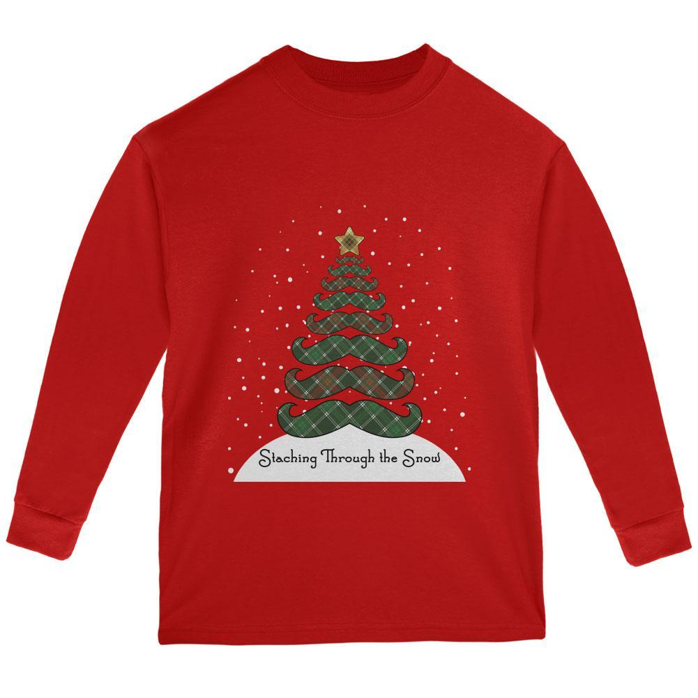 Christmas Staching Dashing Through the Snow Mustache Pun Youth Long Sleeve T Shirt
