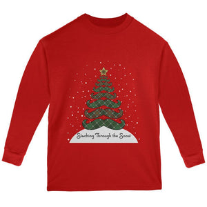 Christmas Staching Dashing Through the Snow Mustache Pun Youth Long Sleeve T Shirt