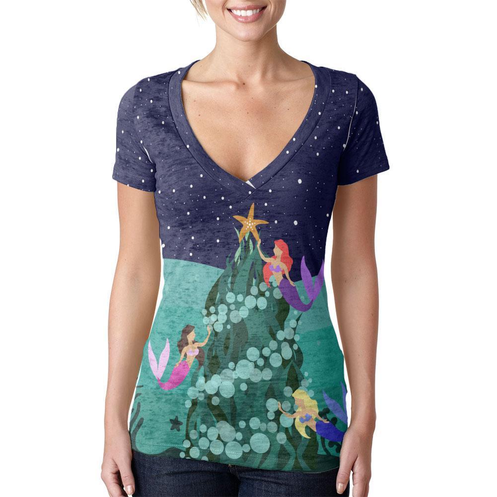 Mermaid Christmas Tree Juniors Burnout V-Neck T-Shirt