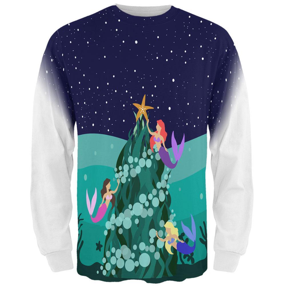 Mermaid Christmas Tree All Over Mens Long Sleeve T Shirt