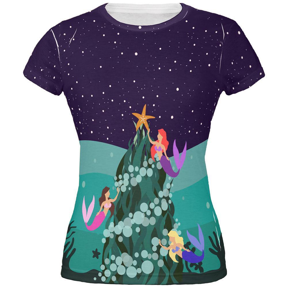 Mermaid Christmas Tree All Over Juniors T Shirt
