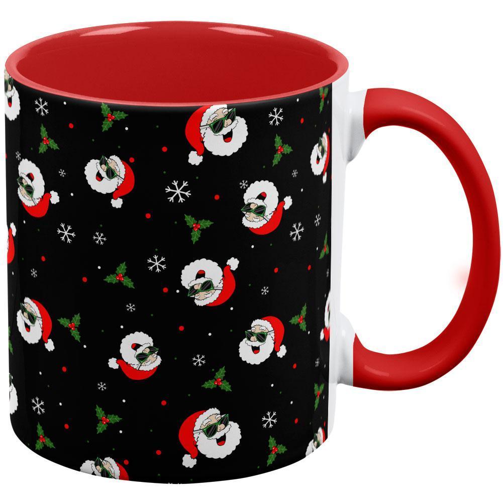 Christmas Santas in Sunglasses Pattern Red Handle Coffee Mug