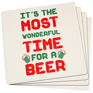 Christmas Most Wonderful Time for a Beer Set of 4 Square Sandstone Coasters