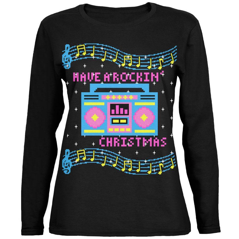 Retro Boombox Music Have a Rockin' Ugly Christmas Sweater Ladies' Long-Sleeve Tee