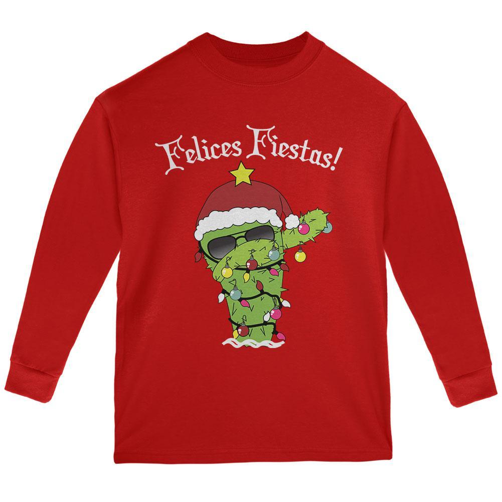 Christmas Dabbing Cactus Felices Fiestas Happy Holidays Youth Long Sleeve T Shirt