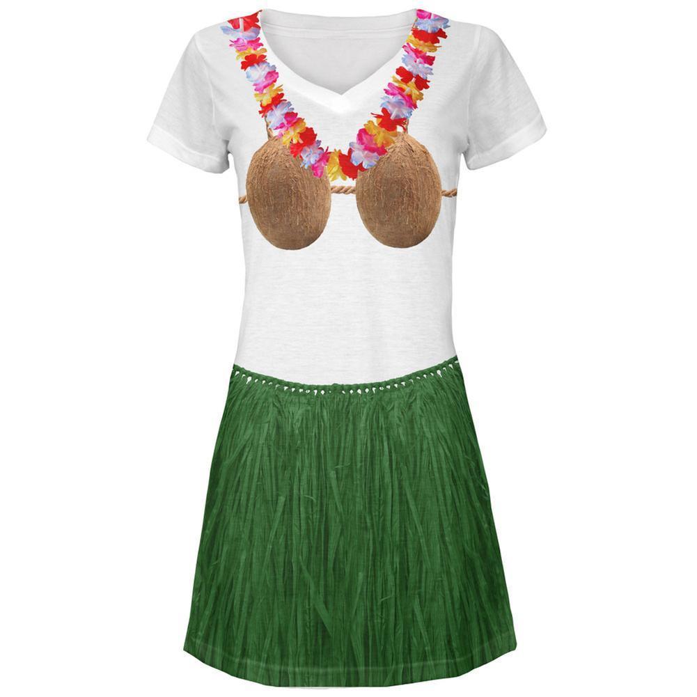 Coconut Bra Green Grass Skirt Hula Girl All Over Juniors V-Neck Dress