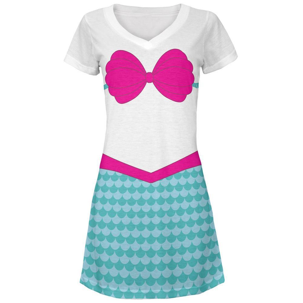 Summer - Mermaid Pink Shell Bra Costume All Over Juniors V-Neck Dress