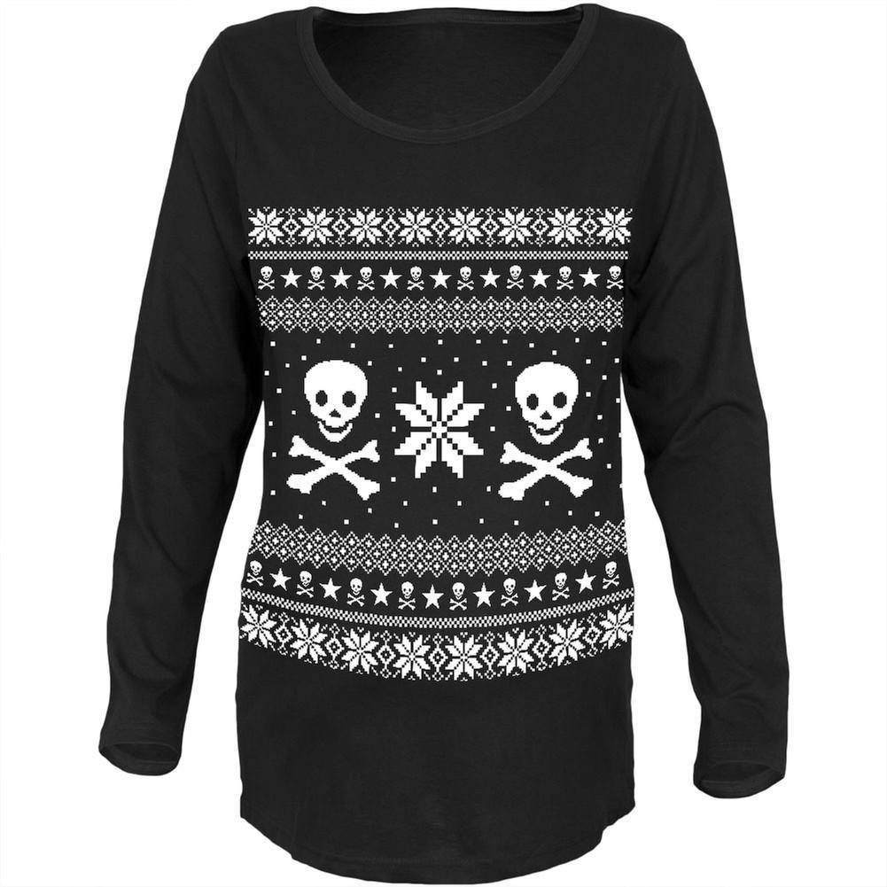 Skull & Crossbones Ugly Christmas Sweater Black Maternity Soft Long Sleeve T-Shirt