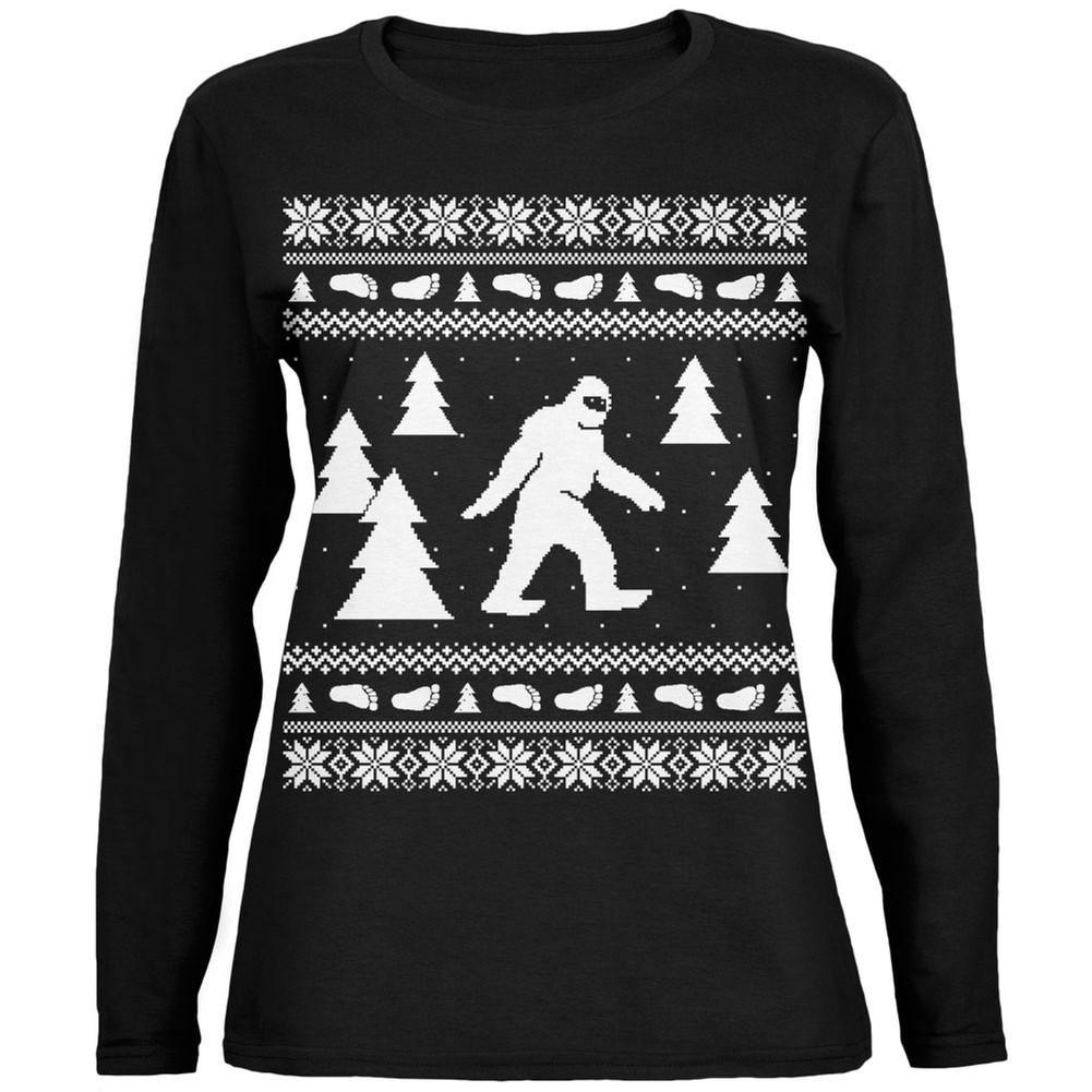 Sasquatch Ugly Christmas Sweater Black Ladies Long Sleeve T-Shirt
