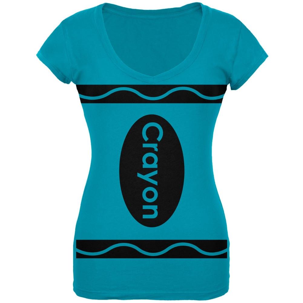 Halloween Crayon Costume Turquoise Juniors V-Neck T-Shirt